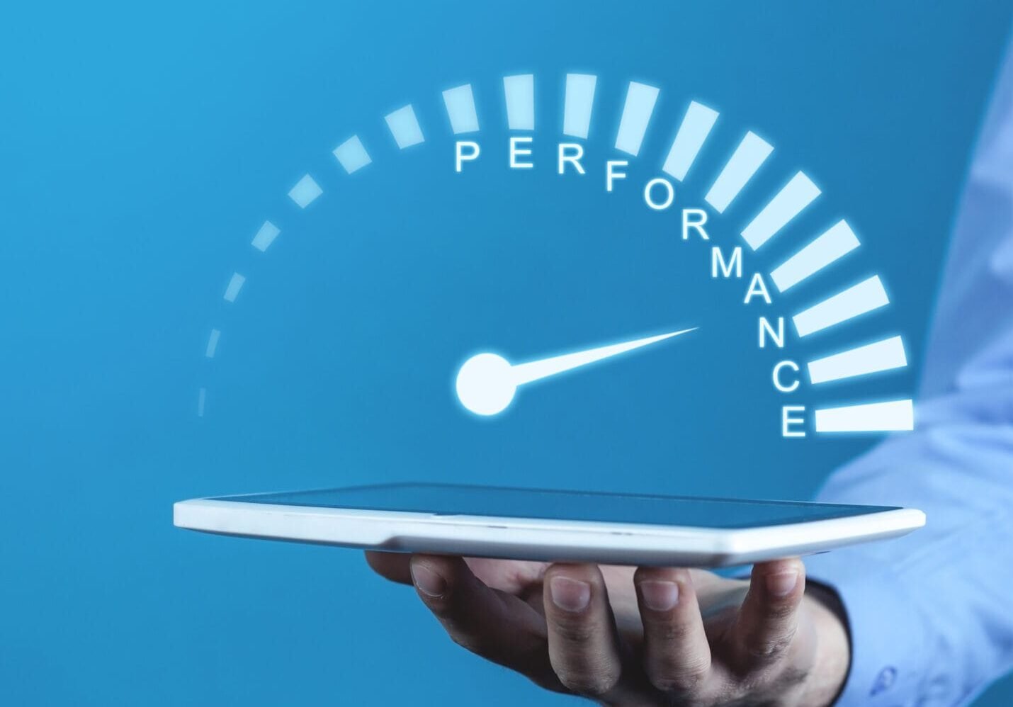 Businessman holding Performance speedometer. Business concept