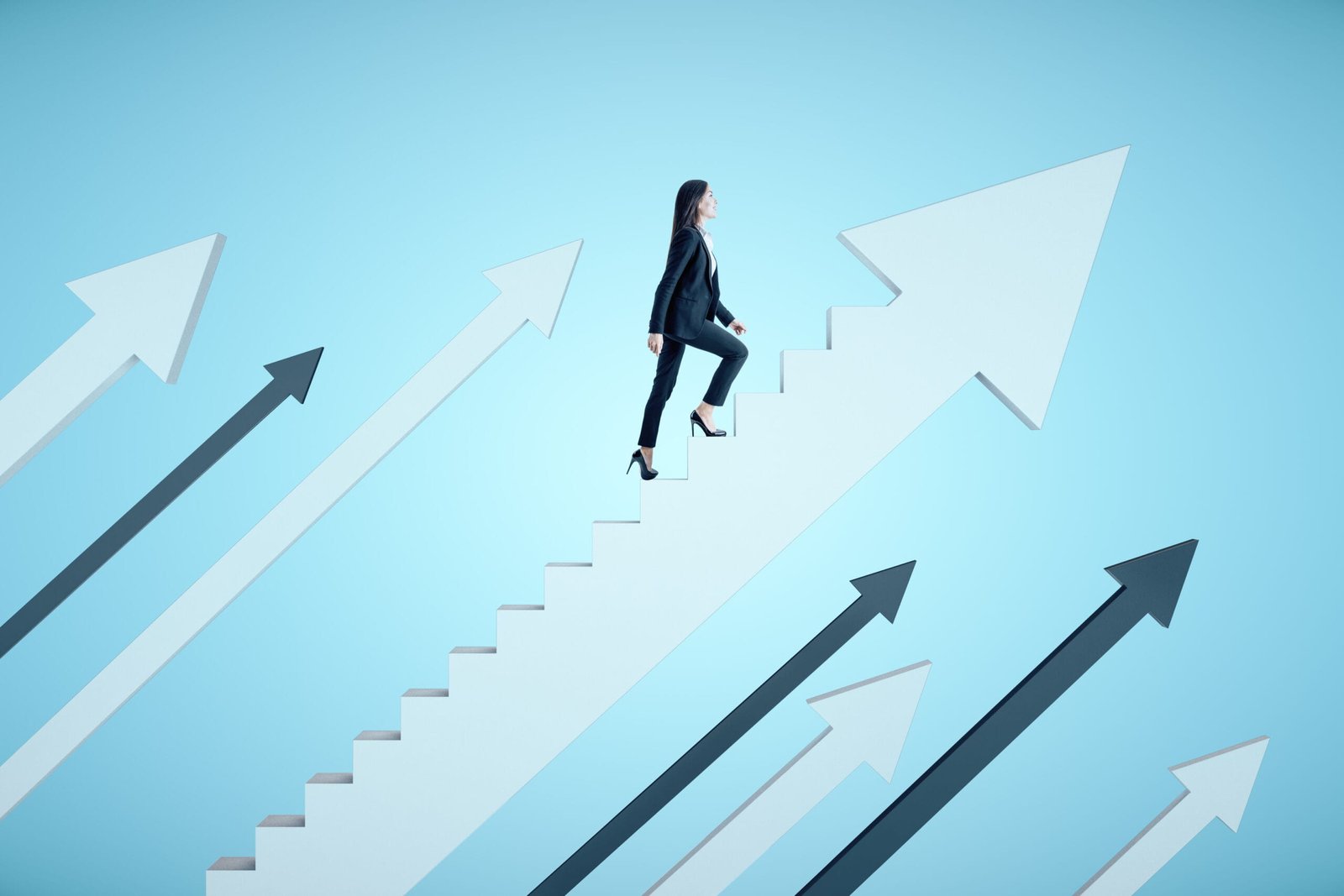 Businesswoman in suit climbs the stairs in the form of arrow