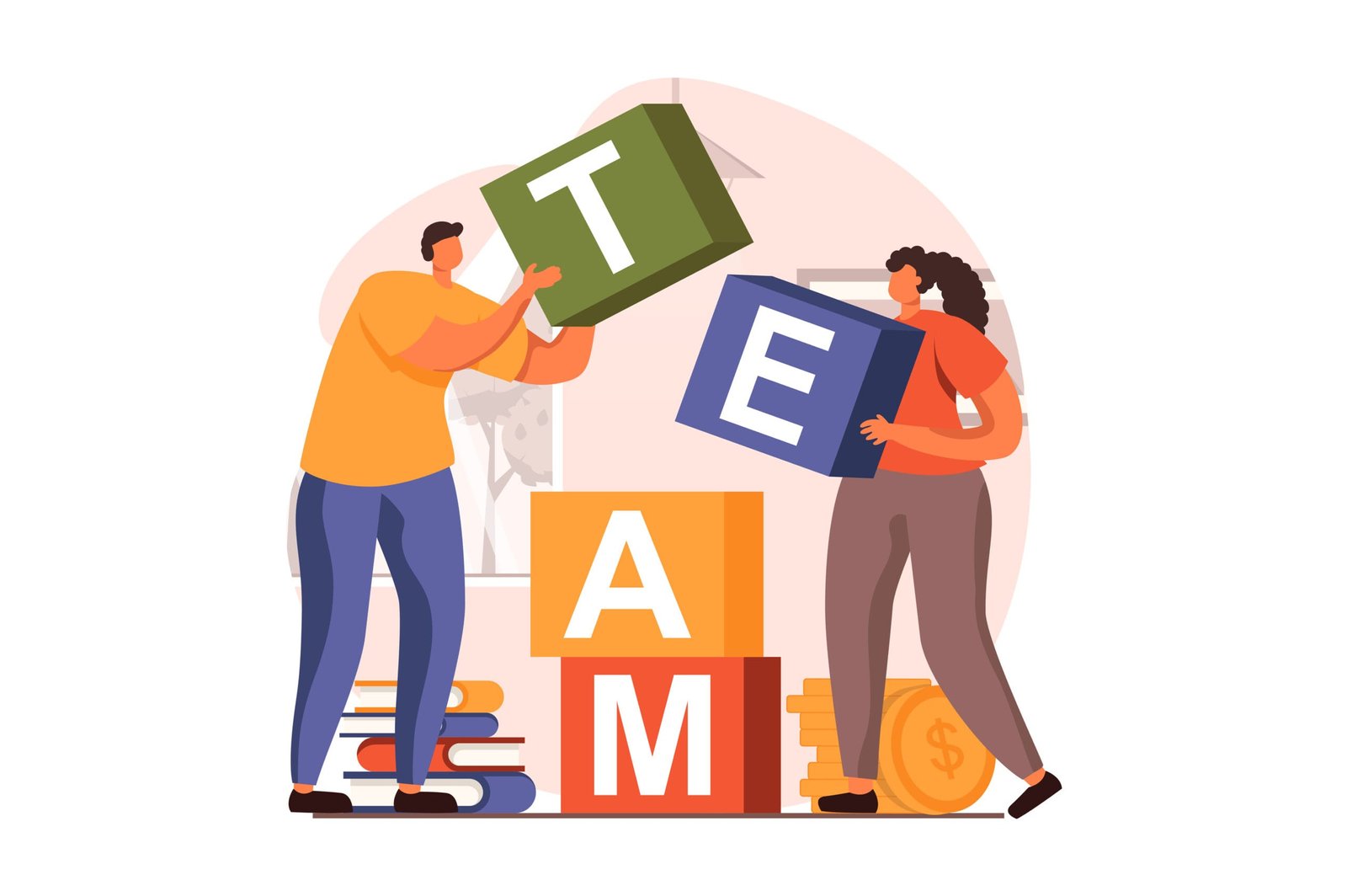 Teamwork web concept in flat design. Man and woman build from cubes and work as team, collaboration, brainstorming, partnership, innovation and development. Vector illustration with people scene
