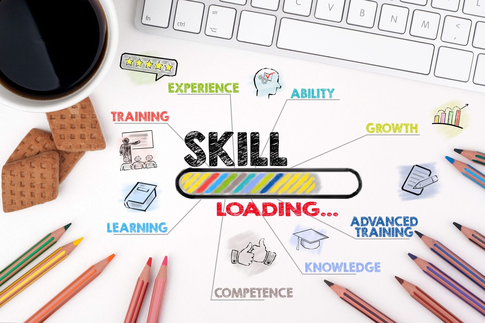 skill, Business concept. Chart with keywords and icons. White office desk.