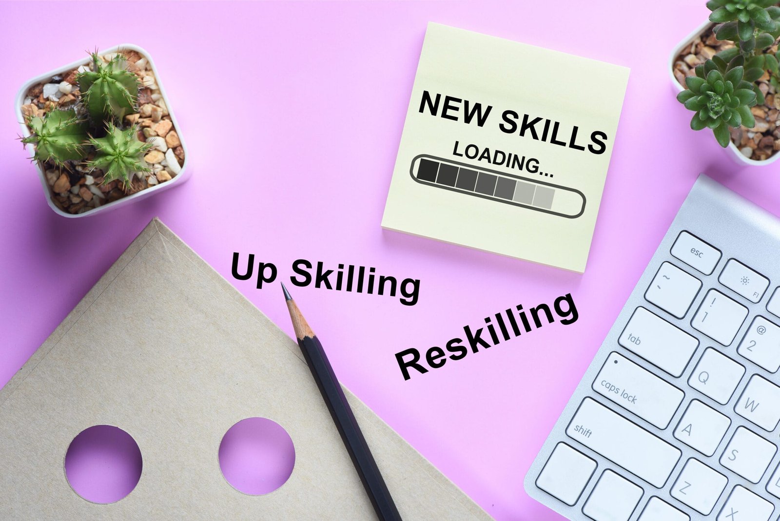 Reskilling and up skilling development concept and changing skill demand idea. New skills loading written on sticky note on workspace