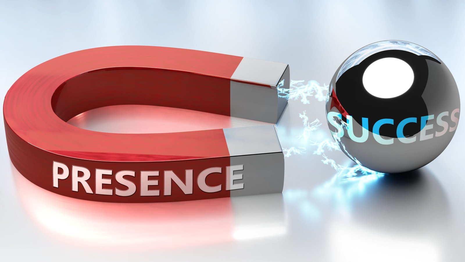 Presence helps achieving success - pictured as word Presence and a magnet, to symbolize that Presence attracts success in life and business, 3d illustration